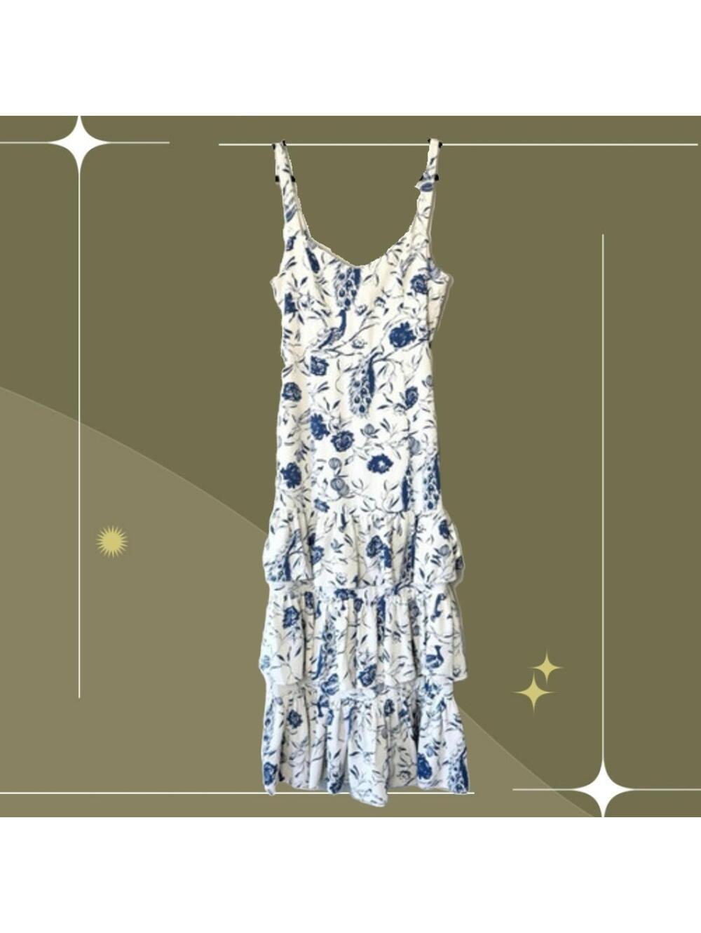 🍋✨ Abercrombie Tiered Ruffle Drama Maxi Dress In Blue Peacock Floral Size M